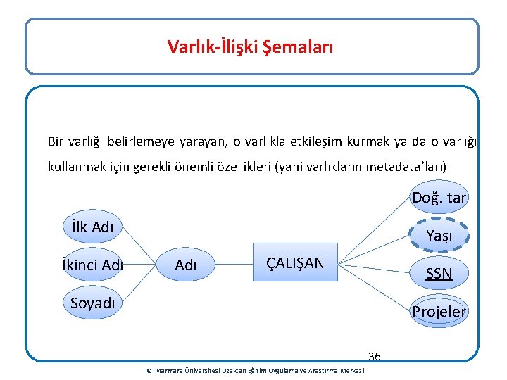 Varlık-İlişki Şemaları Bir varlığı belirlemeye yarayan, o varlıkla etkileşim kurmak ya da o varlığı