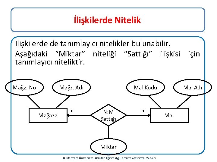 İlişkilerde Nitelik İlişkilerde de tanımlayıcı nitelikler bulunabilir. Aşağıdaki “Miktar” niteliği “Sattığı” ilişkisi için tanımlayıcı