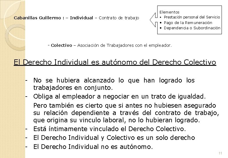 Cabanillas Guillermo : – Individual – Contrato de trabajo Elementos • Prestación personal del