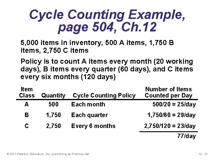 Cycle Counting Example, page 504, Ch. 12 5, 000 items in inventory, 500 A