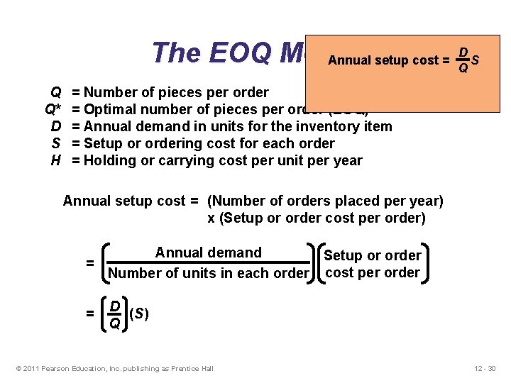 D The EOQ Model Annual setup cost = S Q Q Q* D S