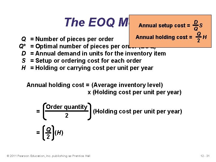 D The EOQ Model Annual setup cost = S Q Q Q* D S