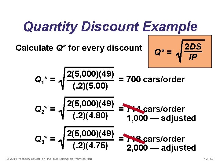 Quantity Discount Example Calculate Q* for every discount Q* = 2 DS IP Q
