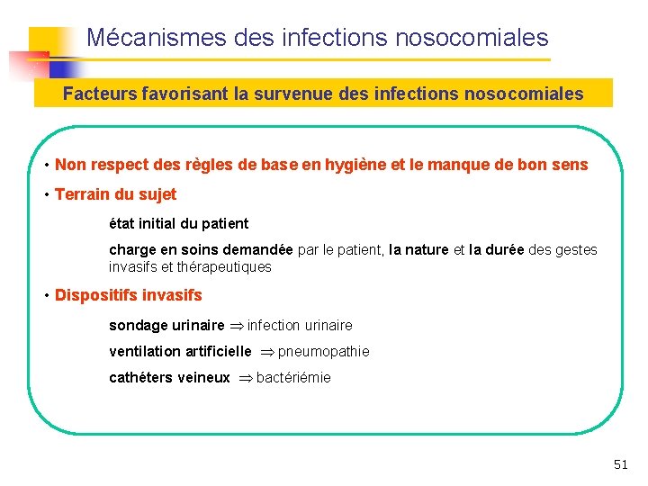 Mécanismes des infections nosocomiales Facteurs favorisant la survenue des infections nosocomiales • Non respect