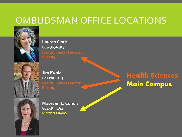 OMBUDSMAN OFFICE LOCATIONS Lauren Clark 801 -585 -6283 Health Sciences Education Building Jim Ruble