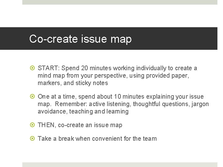 Co-create issue map START: Spend 20 minutes working individually to create a mind map