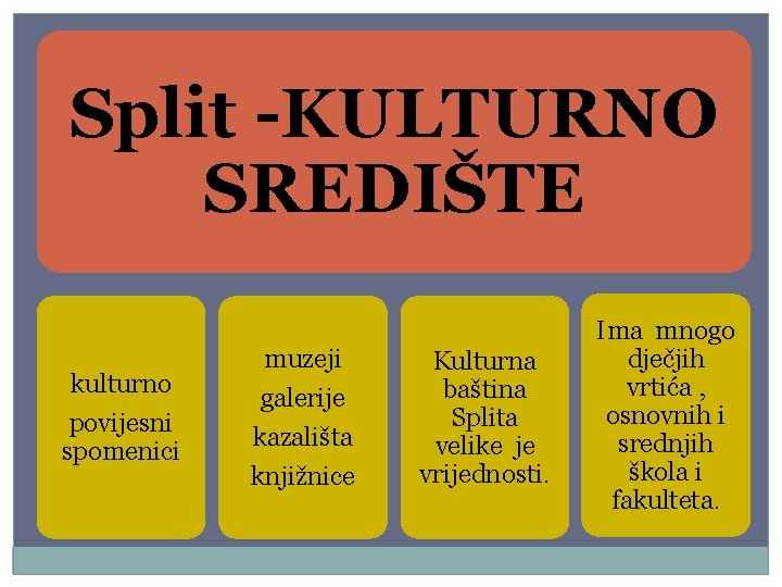 Split -KULTURNO SREDIŠTE kulturno povijesni spomenici muzeji galerije kazališta knjižnice Kulturna baština Splita velike