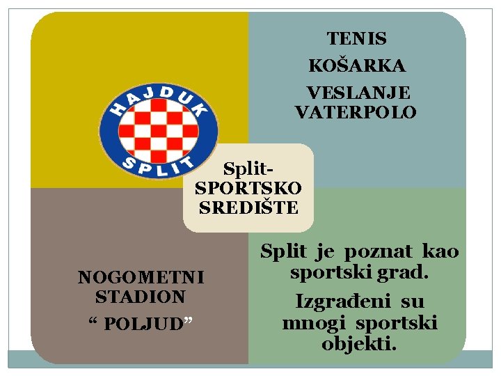 TENIS KOŠARKA VESLANJE VATERPOLO Split. SPORTSKO SREDIŠTE NOGOMETNI STADION “ POLJUD” Split je poznat