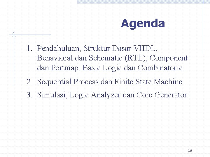 Agenda 1. Pendahuluan, Struktur Dasar VHDL, Behavioral dan Schematic (RTL), Component dan Portmap, Basic
