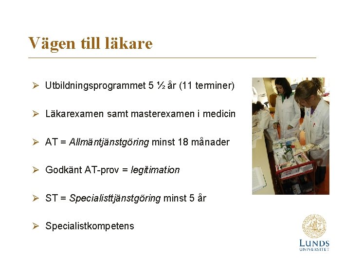 Vägen till läkare Ø Utbildningsprogrammet 5 ½ år (11 terminer) Ø Läkarexamen samt masterexamen