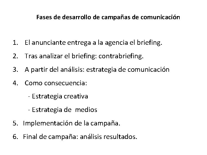 Fases de desarrollo de campañas de comunicación 1. El anunciante entrega a la agencia