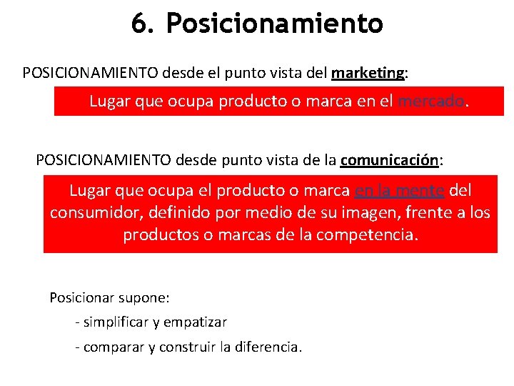 6. Posicionamiento POSICIONAMIENTO desde el punto vista del marketing: Lugar que ocupa producto o