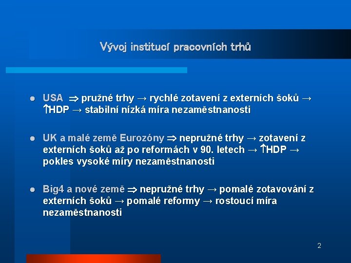 Vývoj institucí pracovních trhů l USA pružné trhy → rychlé zotavení z externích šoků