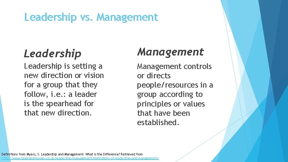 Leadership vs. Management Leadership is setting a new direction or vision for a group