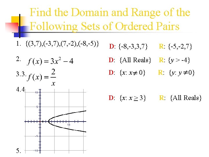 Find the Domain and Range of the Following Sets of Ordered Pairs 1. {(3,