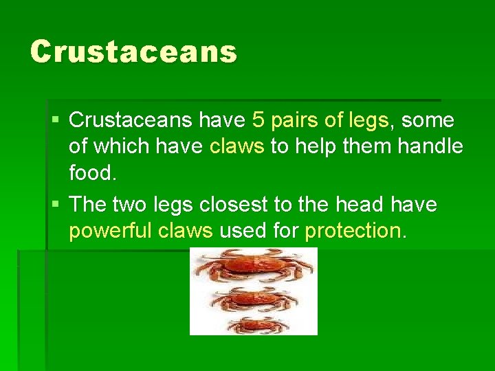 Crustaceans § Crustaceans have 5 pairs of legs, some of which have claws to