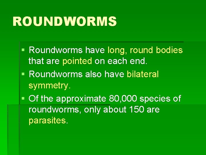ROUNDWORMS § Roundworms have long, round bodies that are pointed on each end. §