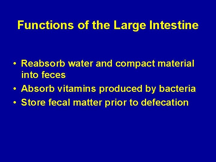 Functions of the Large Intestine • Reabsorb water and compact material into feces •