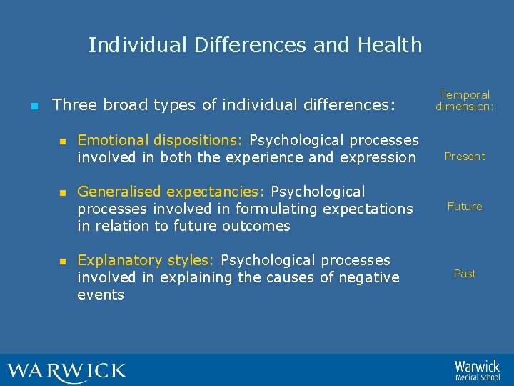 Individual Differences and Health n Three broad types of individual differences: n n n