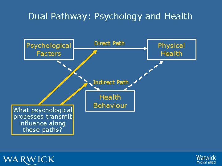 Dual Pathway: Psychology and Health Psychological Factors Direct Path Indirect Path What psychological processes