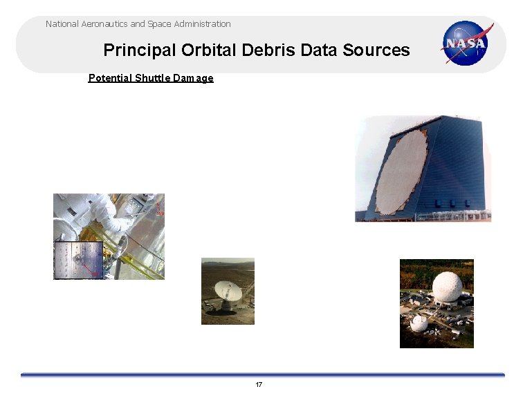 National Aeronautics and Space Administration Principal Orbital Debris Data Sources Potential Shuttle Damage 17