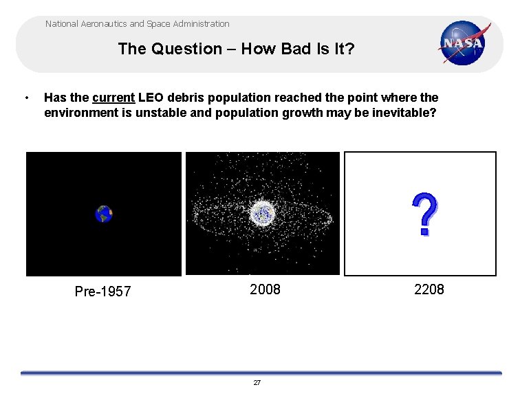 National Aeronautics and Space Administration The Question How Bad Is It? • Has the