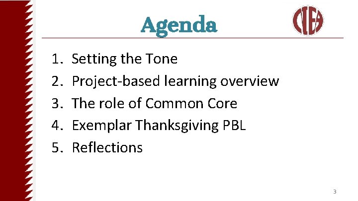 Agenda 1. 2. 3. 4. 5. Setting the Tone Project-based learning overview The role