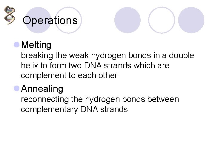 Operations l Melting breaking the weak hydrogen bonds in a double helix to form