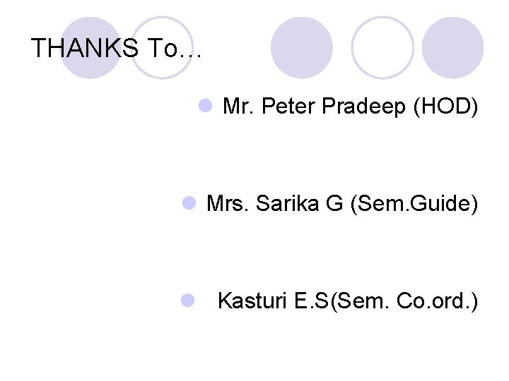 THANKS To… l Mr. Peter Pradeep (HOD) l Mrs. Sarika G (Sem. Guide) l