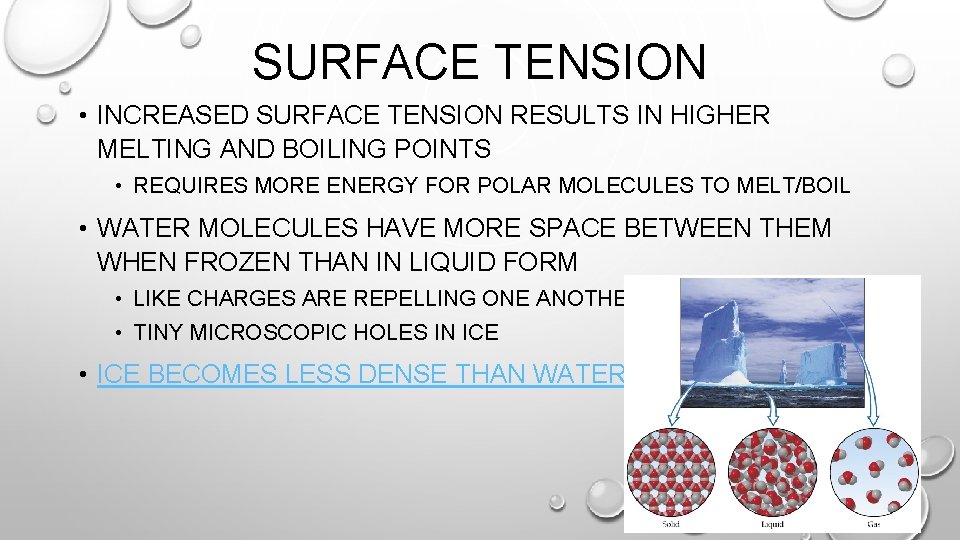 SURFACE TENSION • INCREASED SURFACE TENSION RESULTS IN HIGHER MELTING AND BOILING POINTS •