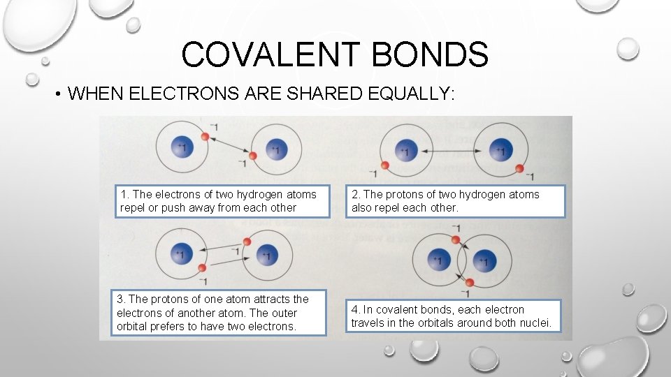 COVALENT BONDS • WHEN ELECTRONS ARE SHARED EQUALLY: 1. The electrons of two hydrogen