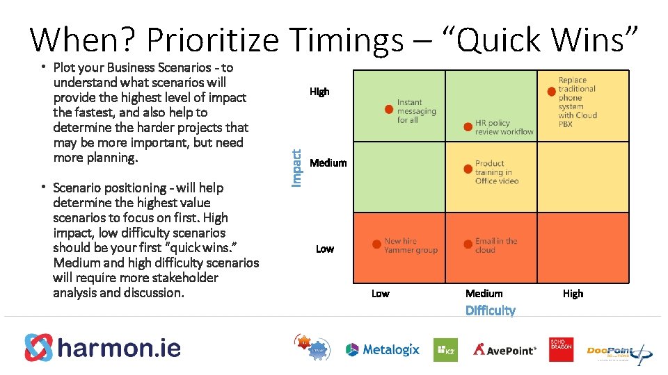 When? Prioritize Timings – “Quick Wins” • Plot your Business Scenarios - to understand