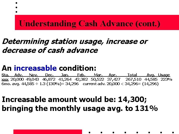 Understanding Cash Advance (cont. ) Determining station usage, increase or decrease of cash advance