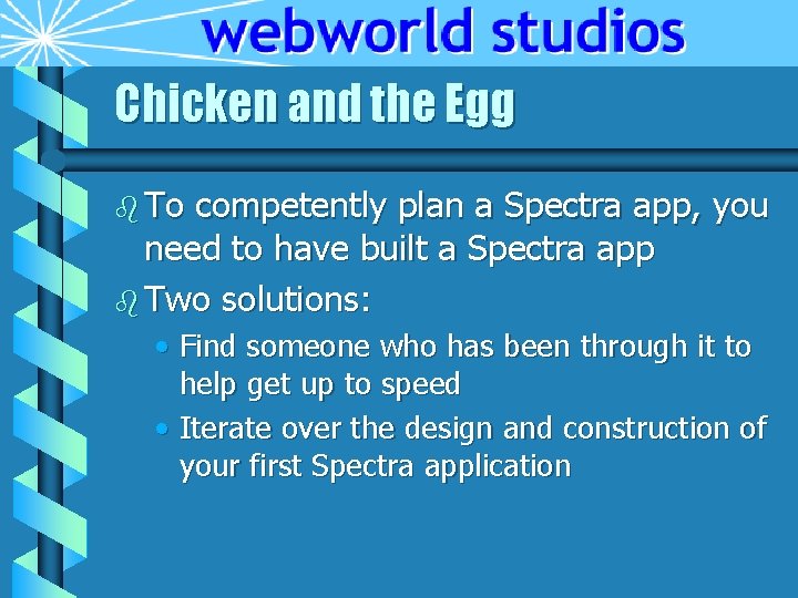 Chicken and the Egg b To competently plan a Spectra app, you need to