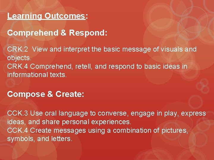 Learning Outcomes: Comprehend & Respond: CRK. 2 View and interpret the basic message of