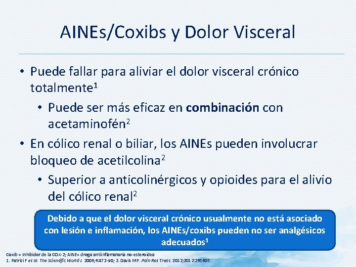 AINEs/Coxibs y Dolor Visceral • Puede fallar para aliviar el dolor visceral crónico totalmente