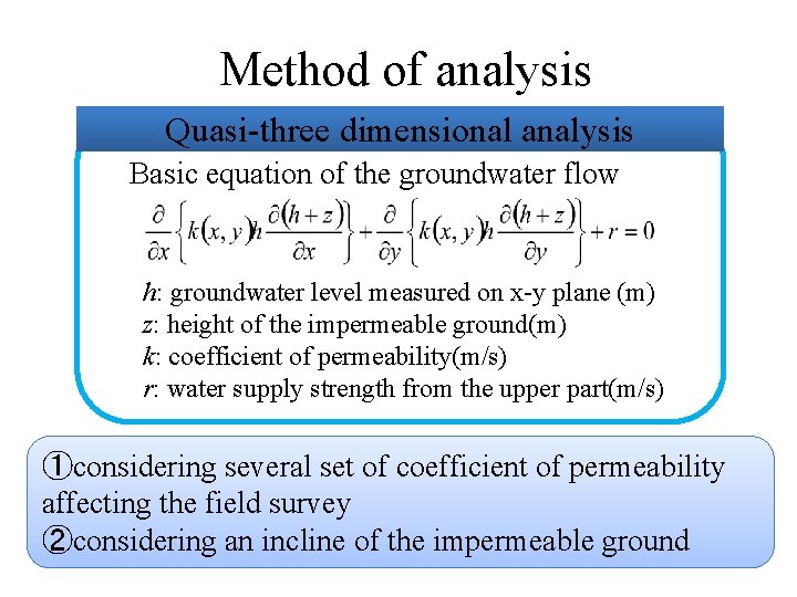 Method of analysis Quasi-three dimensional analysis Basic equation of the groundwater flow h: groundwater