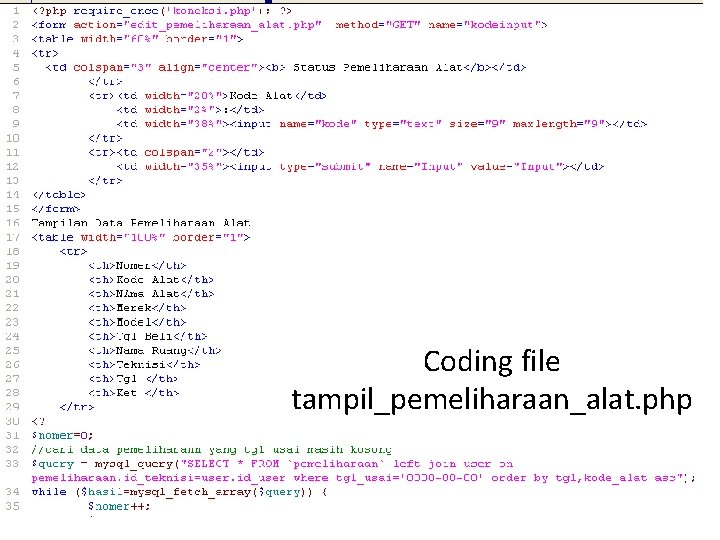 Coding file tampil_pemeliharaan_alat. php 