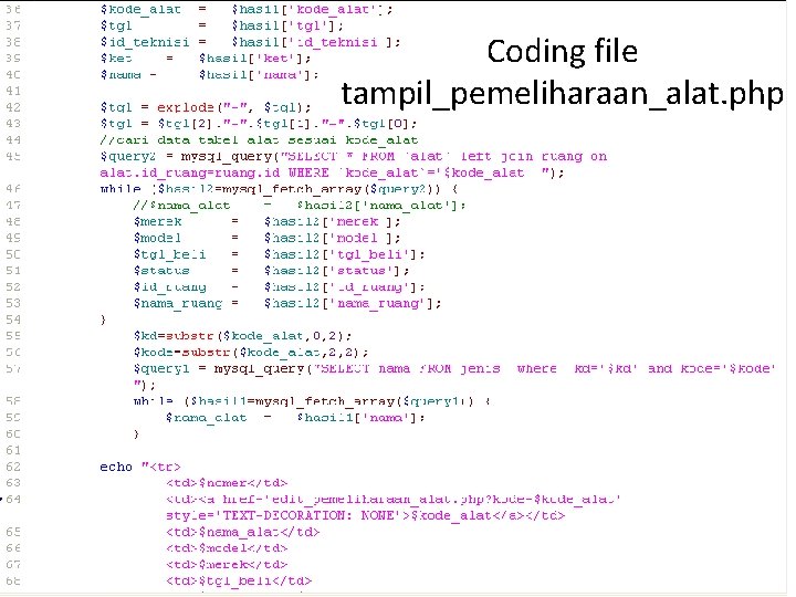 Coding file tampil_pemeliharaan_alat. php 