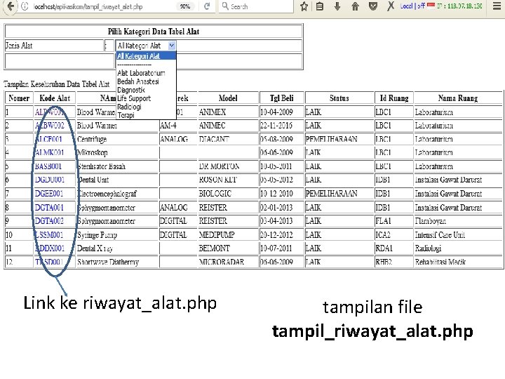 Link ke riwayat_alat. php tampilan file tampil_riwayat_alat. php 
