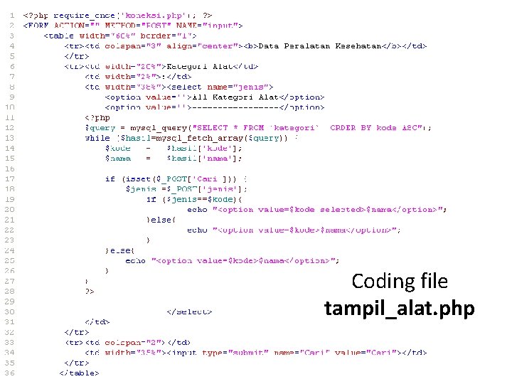 Coding file tampil_alat. php 