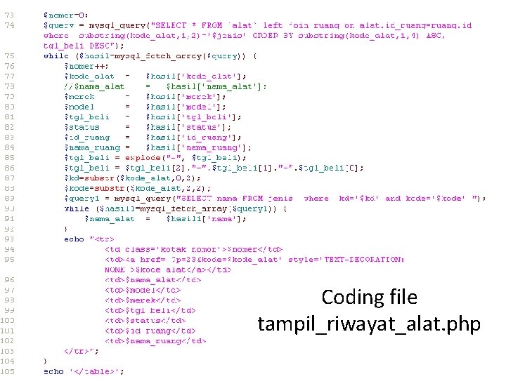 Coding file tampil_riwayat_alat. php 