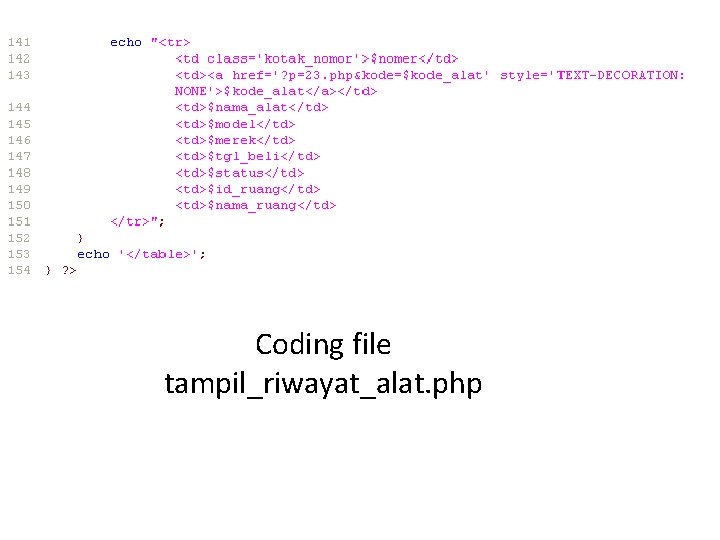 Coding file tampil_riwayat_alat. php 