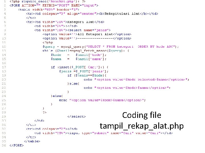 Coding file tampil_rekap_alat. php 