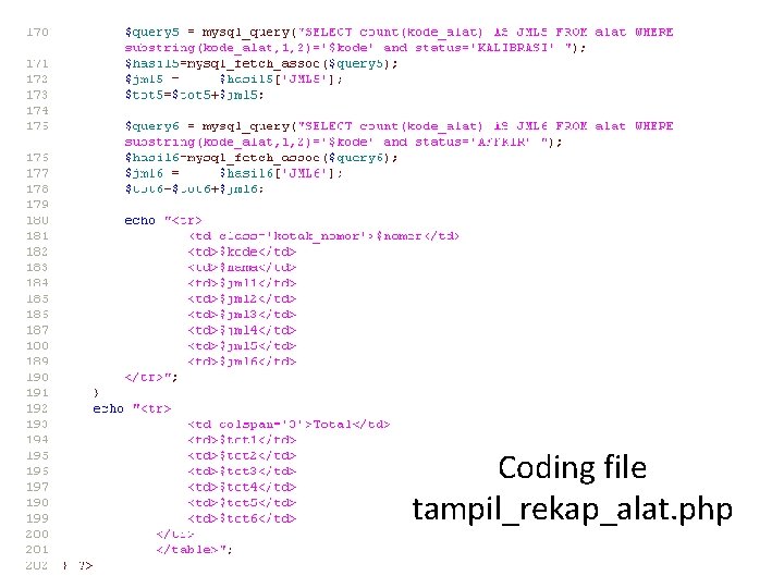 Coding file tampil_rekap_alat. php 