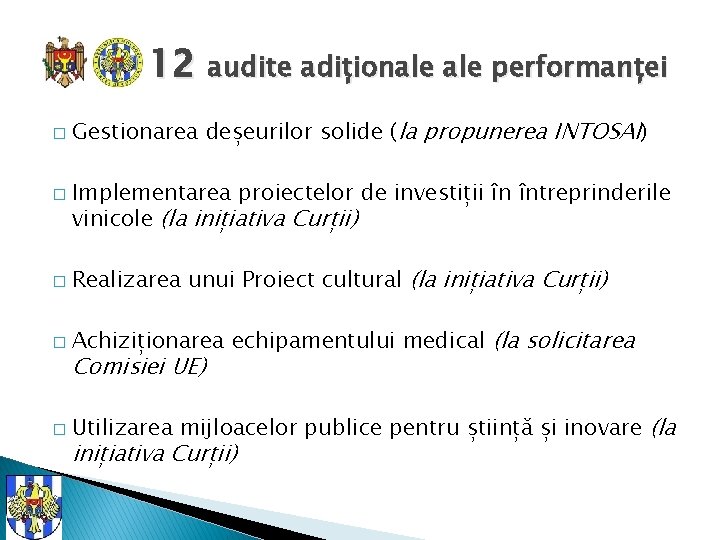 12 audite adiționale performanței � � Gestionarea deșeurilor solide (la propunerea INTOSAI) Implementarea proiectelor