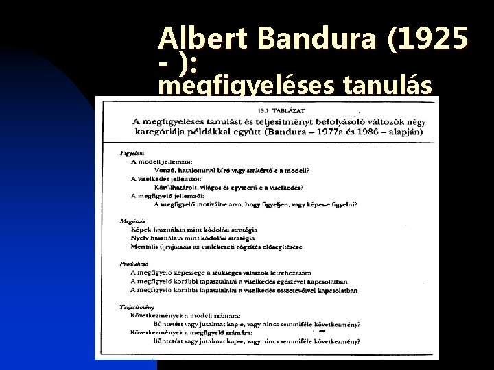 Albert Bandura (1925 - ): megfigyeléses tanulás Albert Bandura (1925 - ): megfigyeléses tanulás