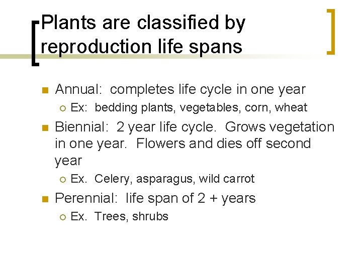 Plants are classified by reproduction life spans n Annual: completes life cycle in one