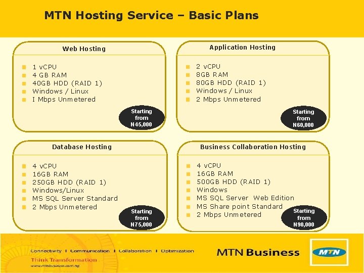 MTN Hosting Service – Basic Plans Application Hosting Web Hosting 2 v. CPU 8