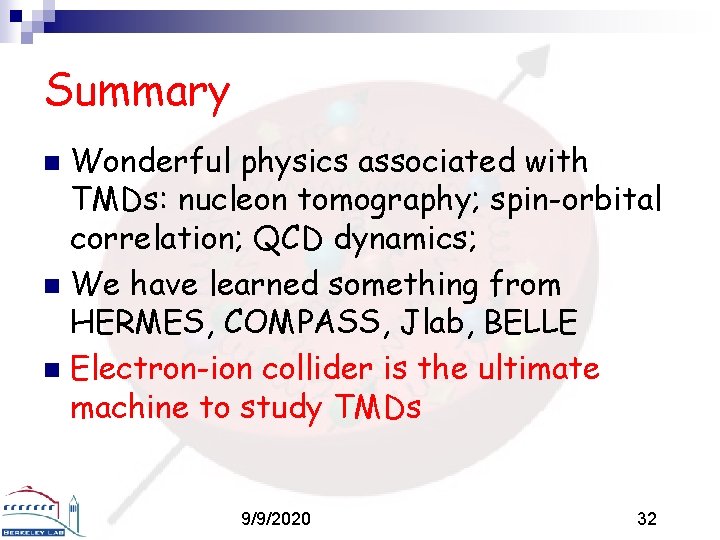 Summary Wonderful physics associated with TMDs: nucleon tomography; spin-orbital correlation; QCD dynamics; n We